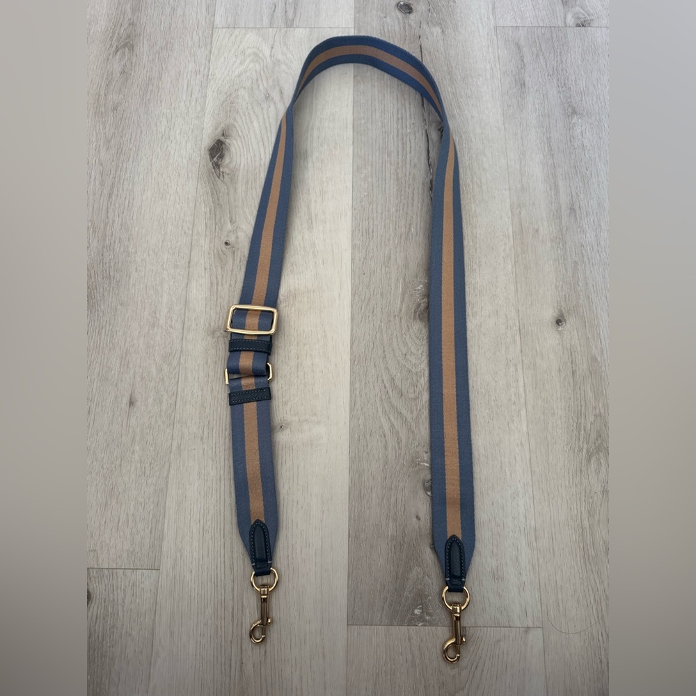 Adjustable Navy and Tan Stripe Crossbody Strap with Gold Hardware